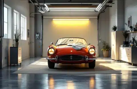 Klassieke sportwagen uit jaren 60 veilig opgeslagen in schone, goed verlichte garage met beschermende hoezen