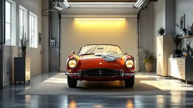 Klassieke sportwagen uit jaren 60 veilig opgeslagen in schone, goed verlichte garage met beschermende hoezen