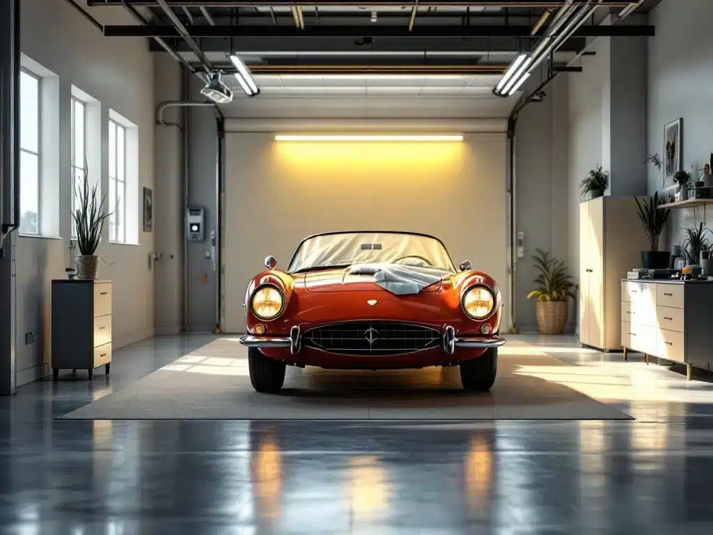 Klassieke sportwagen uit jaren 60 veilig opgeslagen in schone, goed verlichte garage met beschermende hoezen