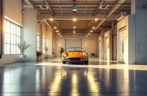 Klassieke sportwagen uit jaren 60 in moderne beveiligde garagebox met klimaatbeheersing en professionele verlichting