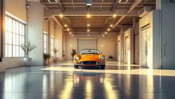 Klassieke sportwagen uit jaren 60 in moderne beveiligde garagebox met klimaatbeheersing en professionele verlichting
