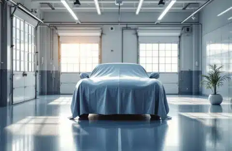 Klassieke auto onder beschermhoes in moderne klimaatgecontroleerde garage met natuurlijk licht en beveiligingssystemen