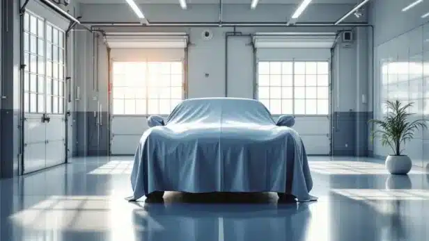 Klassieke auto onder beschermhoes in moderne klimaatgecontroleerde garage met natuurlijk licht en beveiligingssystemen