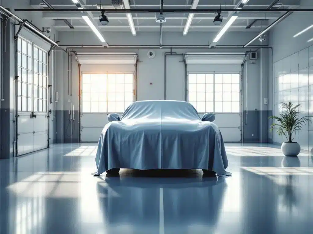Klassieke auto onder beschermhoes in moderne klimaatgecontroleerde garage met natuurlijk licht en beveiligingssystemen