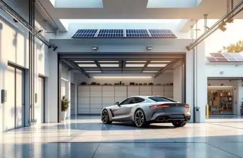 Luxe sedan geparkeerd in moderne, goed verlichte garage met beveiligingscamera's en georganiseerde opslag
