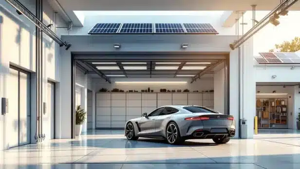 Luxe sedan geparkeerd in moderne, goed verlichte garage met beveiligingscamera's en georganiseerde opslag