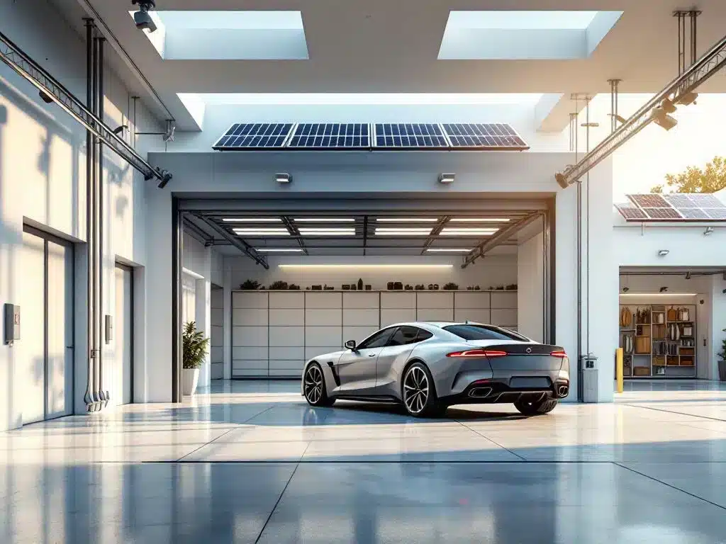 Luxe sedan geparkeerd in moderne, goed verlichte garage met beveiligingscamera's en georganiseerde opslag