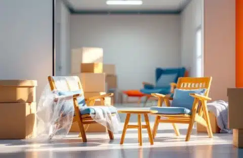 Meubels zorgvuldig ingepakt in bubbelfolie en dekens voor opslag in professionele opslagruimte met oranje-blauwe accenten