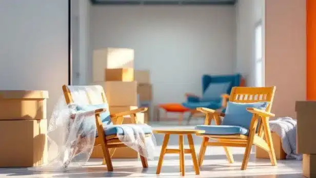 Meubels zorgvuldig ingepakt in bubbelfolie en dekens voor opslag in professionele opslagruimte met oranje-blauwe accenten