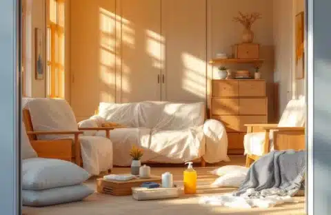 Houten meubels ingepakt in beschermhoezen en bubbeltjesplastic in een schone, goed verlichte opslagruimte