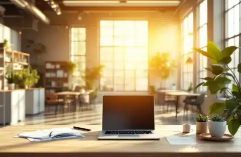 Moderne betaalbare kantoorruimte met grote ramen, minimalistische inrichting en laptop werkplek voor ondernemers