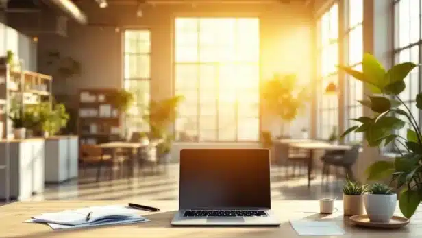 Moderne betaalbare kantoorruimte met grote ramen, minimalistische inrichting en laptop werkplek voor ondernemers