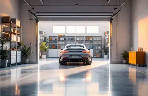 Moderne schone garage met geparkeerde auto, georganiseerde opslag en natuurlijk licht door open deur