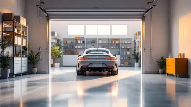 Moderne schone garage met geparkeerde auto, georganiseerde opslag en natuurlijk licht door open deur