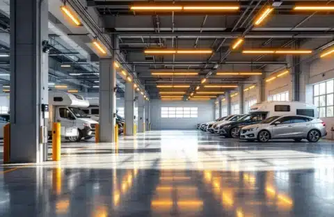 Moderne, goed verlichte garagefaciliteit met auto's en camper in georganiseerde, beveiligde parkeerruimtes