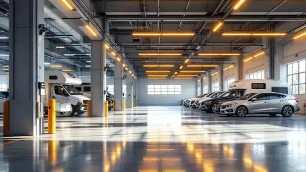 Moderne, goed verlichte garagefaciliteit met auto's en camper in georganiseerde, beveiligde parkeerruimtes
