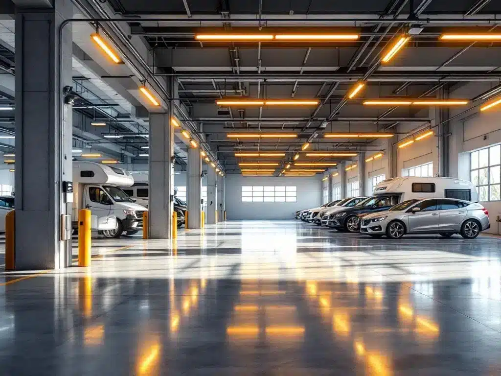 Moderne, goed verlichte garagefaciliteit met auto's en camper in georganiseerde, beveiligde parkeerruimtes