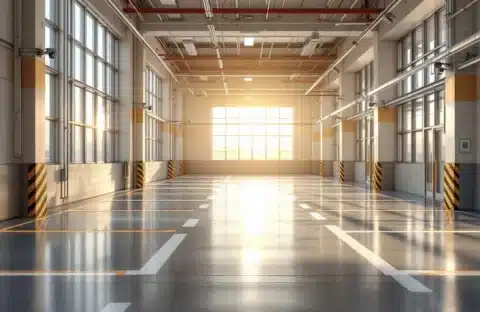 Moderne, goed verlichte parkeergarage met lege parkeerplaatsen, schone betonvloeren en warm zonlicht door grote ramen.