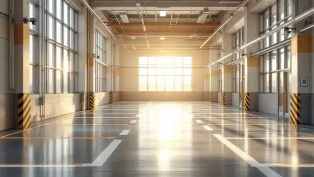Moderne, goed verlichte parkeergarage met lege parkeerplaatsen, schone betonvloeren en warm zonlicht door grote ramen.