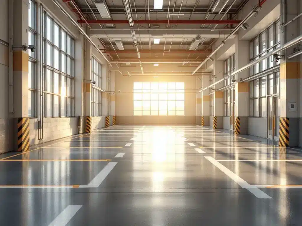 Moderne, goed verlichte parkeergarage met lege parkeerplaatsen, schone betonvloeren en warm zonlicht door grote ramen.