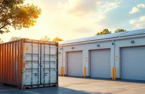 Moderne schone opslagfaciliteit met garagedeuren naast oude zeecontainer, zonnepanelen op dak, warme natuurlijke verlichting