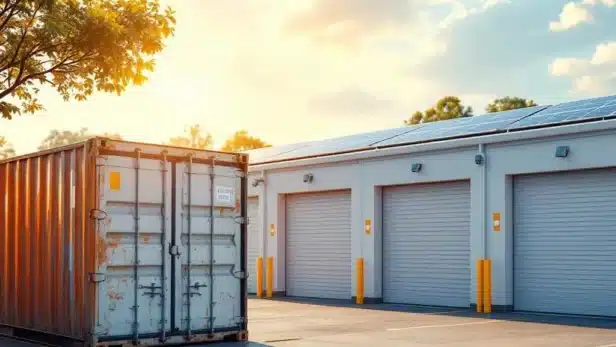 Moderne schone opslagfaciliteit met garagedeuren naast oude zeecontainer, zonnepanelen op dak, warme natuurlijke verlichting