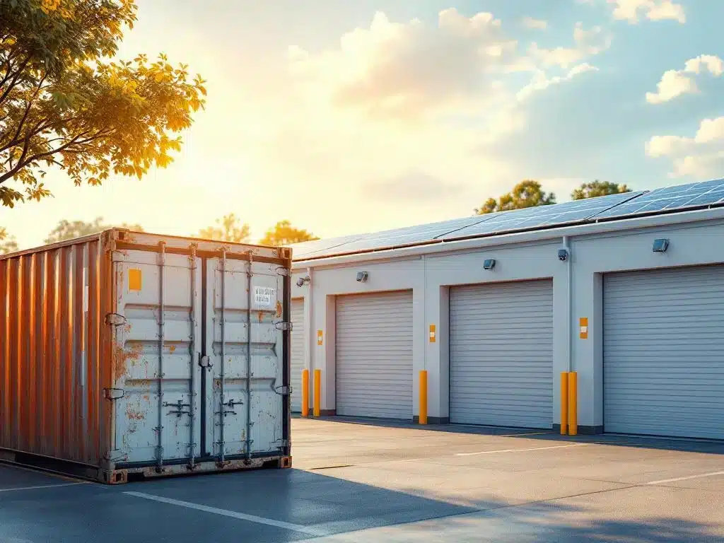 Moderne schone opslagfaciliteit met garagedeuren naast oude zeecontainer, zonnepanelen op dak, warme natuurlijke verlichting
