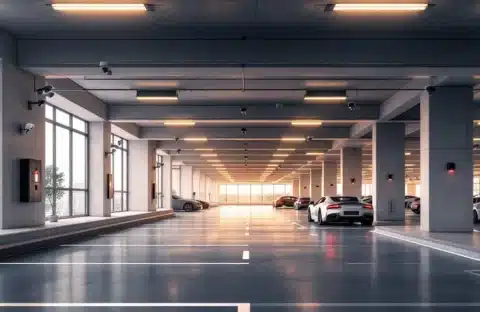 Moderne, goed verlichte parkeergarage met beveiligingscamera's, luxe auto's en elektronische toegangspanelen