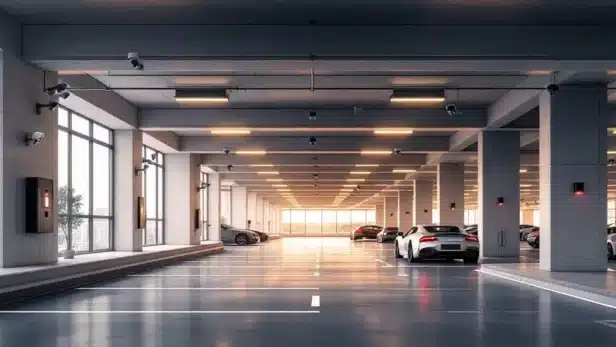 Moderne, goed verlichte parkeergarage met beveiligingscamera's, luxe auto's en elektronische toegangspanelen