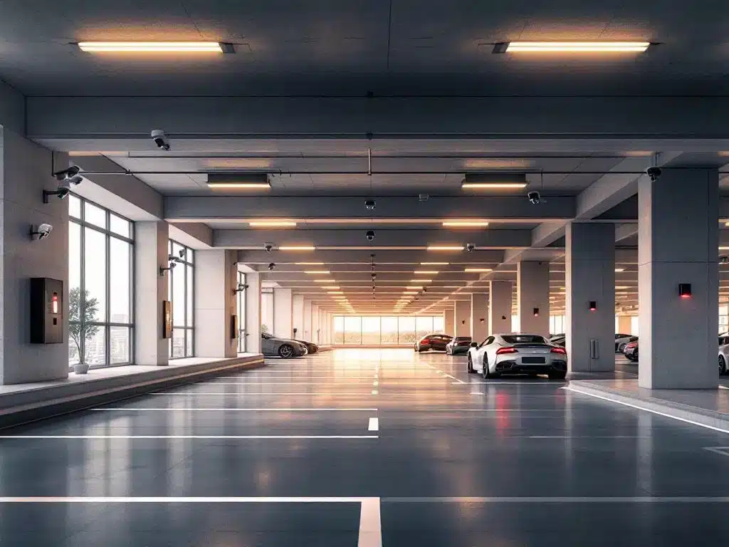 Moderne, goed verlichte parkeergarage met beveiligingscamera's, luxe auto's en elektronische toegangspanelen