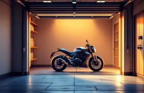 Glanzende motorfiets veilig geparkeerd in schone, goed verlichte garage met moderne betonvloer en georganiseerde opslag