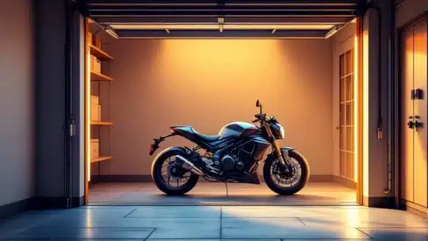 Glanzende motorfiets veilig geparkeerd in schone, goed verlichte garage met moderne betonvloer en georganiseerde opslag