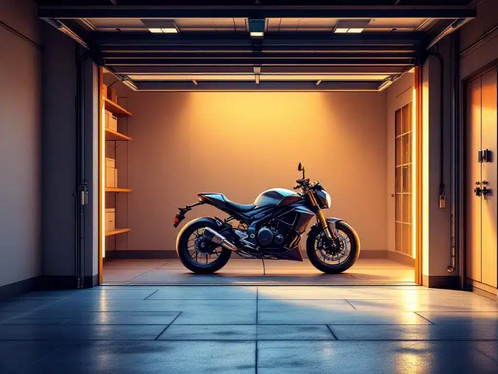 Glanzende motorfiets veilig geparkeerd in schone, goed verlichte garage met moderne betonvloer en georganiseerde opslag