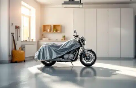 Moderne garage met motor onder beschermhoes, georganiseerde opslag en beveiligingssysteem voor winterbescherming