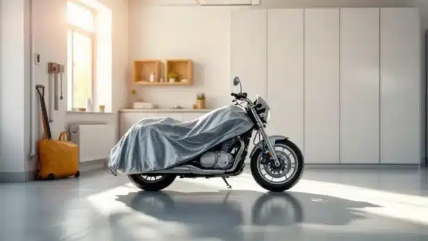 Moderne garage met motor onder beschermhoes, georganiseerde opslag en beveiligingssysteem voor winterbescherming
