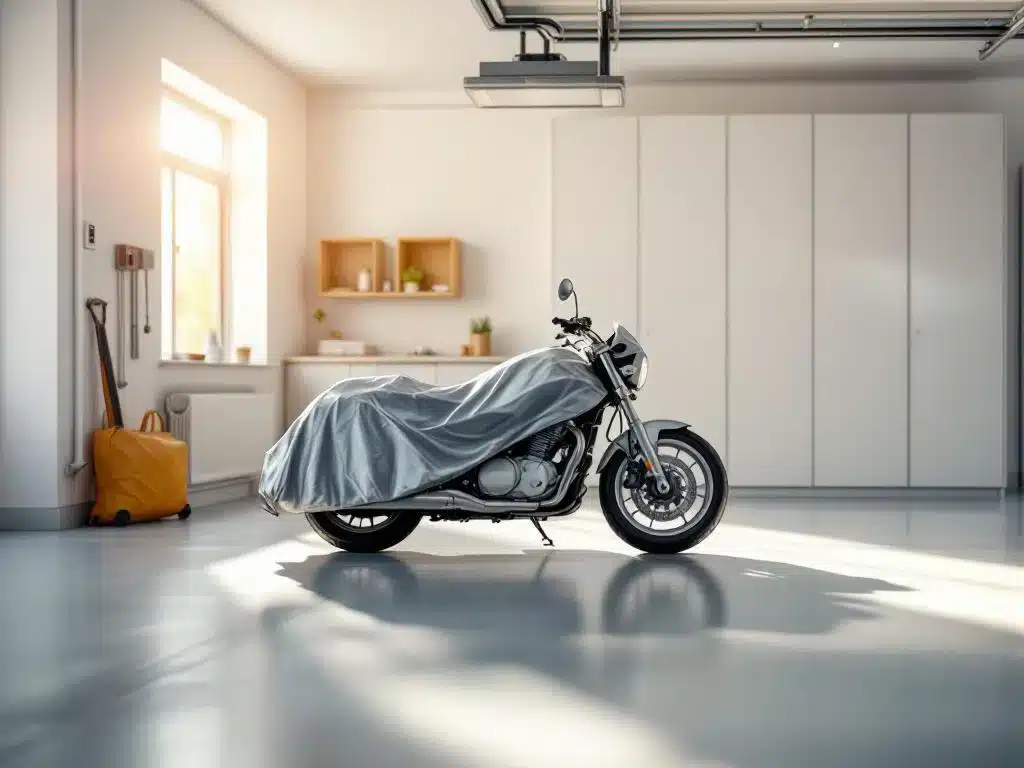 Moderne garage met motor onder beschermhoes, georganiseerde opslag en beveiligingssysteem voor winterbescherming