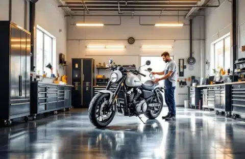 Persoon controleert bandenspanning van motorfiets in schone, goed georganiseerde garage met LED-verlichting en gereedschap