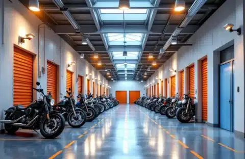 Moderne motorstalling met beveiligingscamera's, georganiseerde parkeerplaatsen en heldere verlichting in veilige faciliteit
