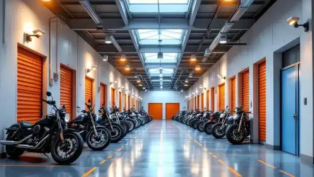 Moderne motorstalling met beveiligingscamera's, georganiseerde parkeerplaatsen en heldere verlichting in veilige faciliteit