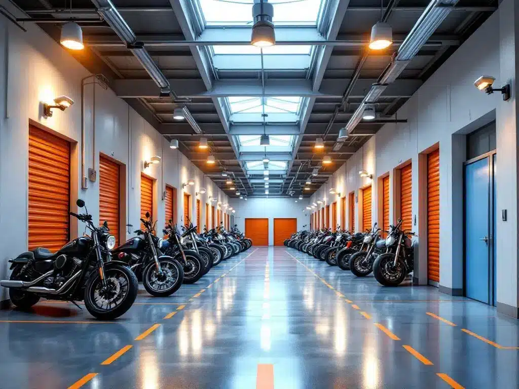 Moderne motorstalling met beveiligingscamera's, georganiseerde parkeerplaatsen en heldere verlichting in veilige faciliteit