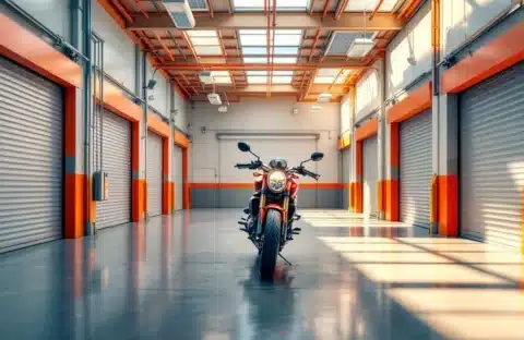 Rode motorfiets in moderne, goed verlichte opslagfaciliteit met beveiligingscamera's en georganiseerde units