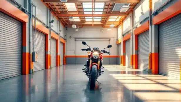 Rode motorfiets in moderne, goed verlichte opslagfaciliteit met beveiligingscamera's en georganiseerde units