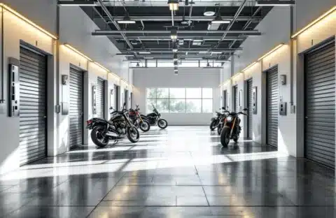 Moderne motorstalling met netjes geparkeerde motorfietsen in verlichte individuele units met betonvloeren en beveiligingscamera's