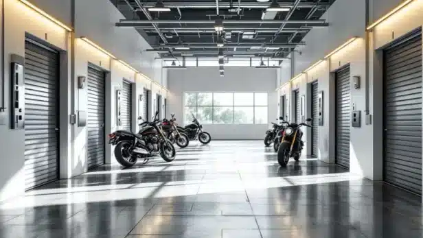 Moderne motorstalling met netjes geparkeerde motorfietsen in verlichte individuele units met betonvloeren en beveiligingscamera's