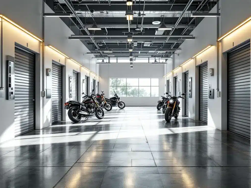 Moderne motorstalling met netjes geparkeerde motorfietsen in verlichte individuele units met betonvloeren en beveiligingscamera's