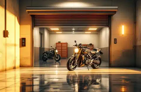Moderne motorstalling met open garagedeuren, goed verlichte ruimte met geparkeerde motorfietsen en digitale toegangspaneel
