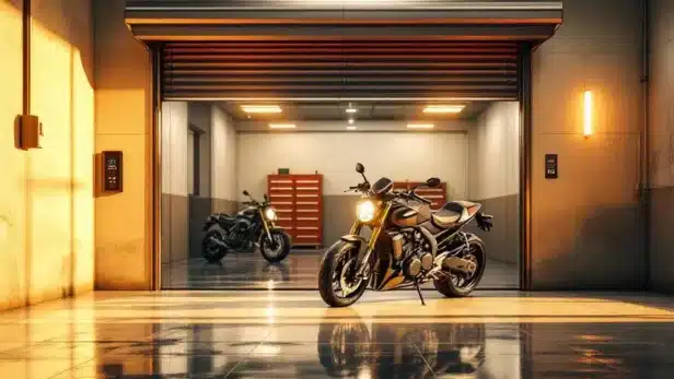 Moderne motorstalling met open garagedeuren, goed verlichte ruimte met geparkeerde motorfietsen en digitale toegangspaneel
