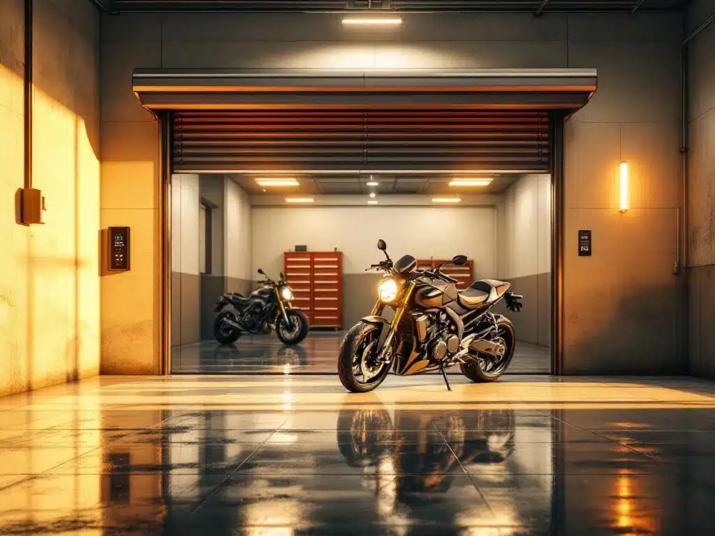 Moderne motorstalling met open garagedeuren, goed verlichte ruimte met geparkeerde motorfietsen en digitale toegangspaneel