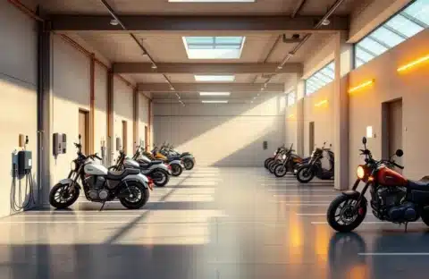 Moderne motorstalling met nette parkeerplaatsen, laadstations, LED-verlichting en zonnepanelen door dakramen