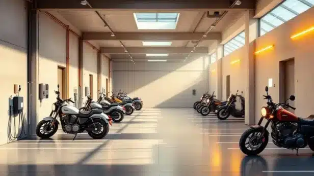 Moderne motorstalling met nette parkeerplaatsen, laadstations, LED-verlichting en zonnepanelen door dakramen